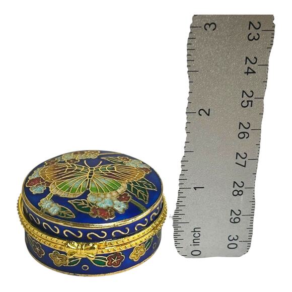 Vintage Blue Gold Tone Cloisonne Butterfly Round Pill Box Trinket Box - Picture 3 of 8